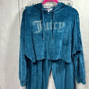 Juicy Couture Tracksuit Womens Logo Teal Blue Velvet Rhinestone Pullover Hoodie